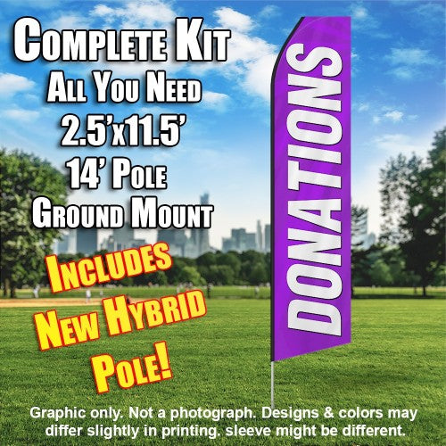 Donations (Purple And White)   Windless Advertising Feather Flag Kit  (Flag, Pole, & Ground Spike) 14 Feet Outdoor Flags