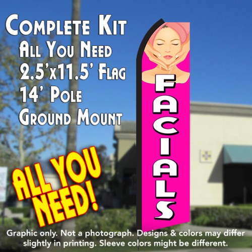Facials (Pink/White)  Windless Advertising Feather Flag Kit  (Flag, Pole, & Ground Spike) 14 Feet Outdoor Flags