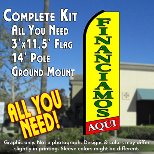 Financiamos Aqui (Yellow/Red)  Windless Advertising Feather Flag Kit  (Flag, Pole, & Ground Spike) 14 Feet Outdoor Flags
