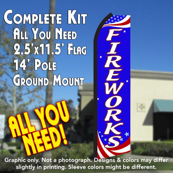 Fireworks (Patriotic)  Windless Advertising Feather Flag Kit  (Flag, Pole, & Ground Spike) 14 Feet Outdoor Flags