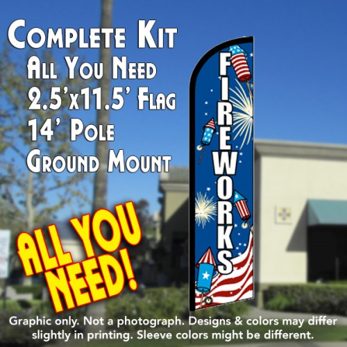 Fireworks (Rockets)  Windless Advertising Feather Flag Kit  (Flag, Pole, & Ground Spike) 14 Feet Outdoor Flags
