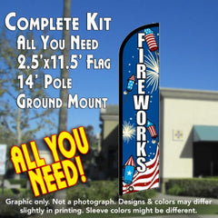 Fireworks (Rockets)  Windless Advertising Feather Flag Kit  (Flag, Pole, & Ground Spike) 14 Feet Outdoor Flags