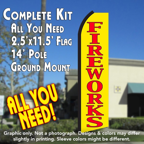 Fireworks (Yellow/Red)  Windless Advertising Feather Flag Kit  (Flag, Pole, & Ground Spike) 14 Feet Outdoor Flags