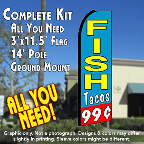 Fish Tacos 99 (Blue/Red)  Windless Advertising Feather Flag Kit  (Flag, Pole, & Ground Spike) 14 Feet Outdoor Flags