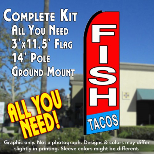 Fish Tacos (Red/Blue)  Windless Advertising Feather Flag Kit  (Flag, Pole, & Ground Spike) 14 Feet Outdoor Flags