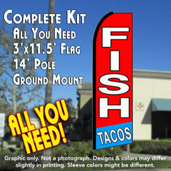 Fish Tacos (Red/Blue)  Windless Advertising Feather Flag Kit  (Flag, Pole, & Ground Spike) 14 Feet Outdoor Flags