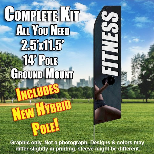 Fitness (Gray/Woman Holding Weight)  Windless Advertising Feather Flag Kit  (Flag, Pole, & Ground Spike) 14 Feet Outdoor Flags
