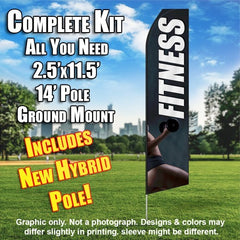 Fitness (Gray/Woman Holding Weight)  Windless Advertising Feather Flag Kit  (Flag, Pole, & Ground Spike) 14 Feet Outdoor Flags
