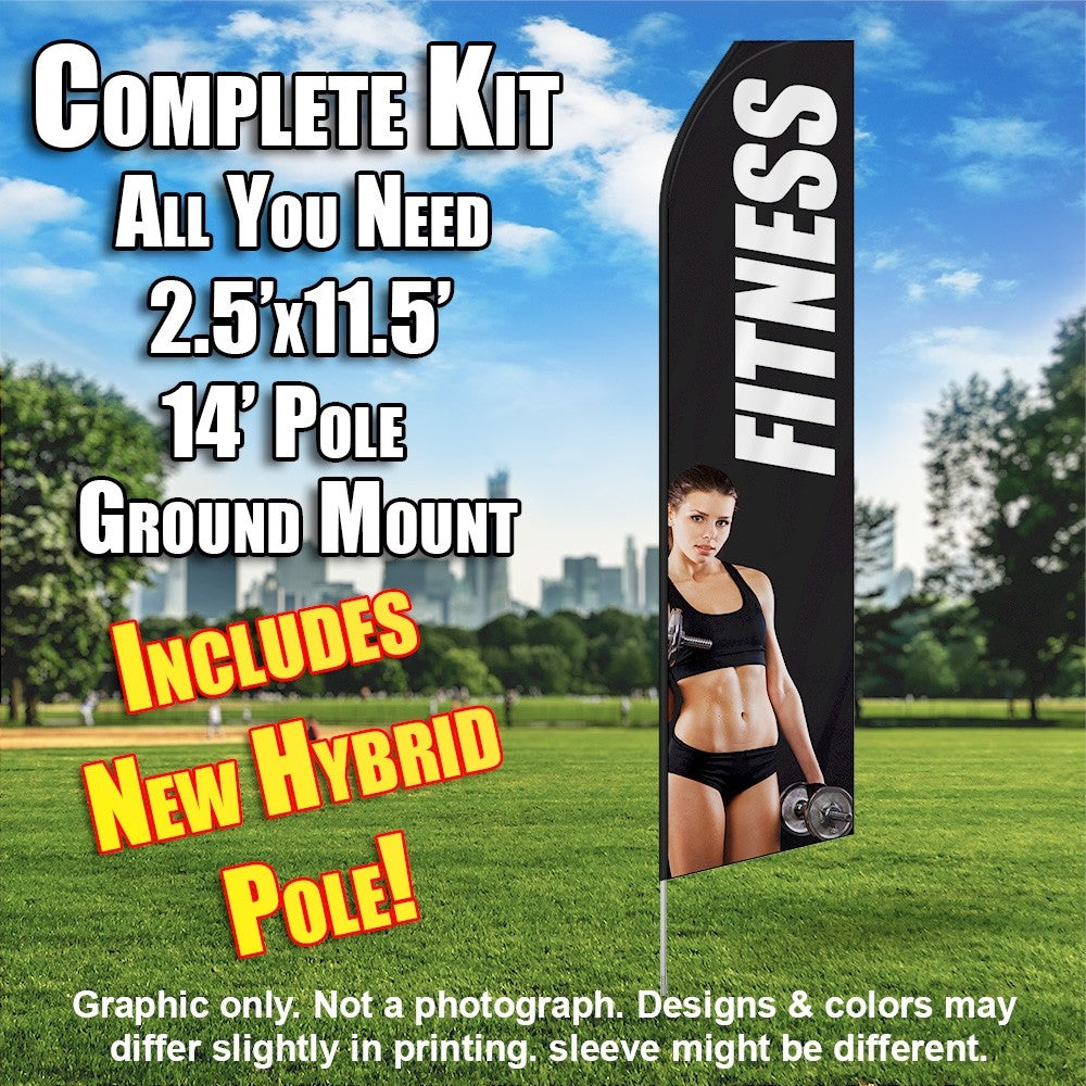 Fitness (Black/White/Woman Standing)  Windless Advertising Feather Flag Kit  (Flag, Pole, & Ground Spike) 14 Feet Outdoor Flags