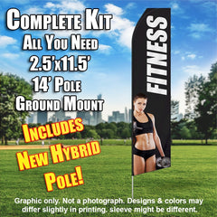Fitness (Black/White/Woman Standing)  Windless Advertising Feather Flag Kit  (Flag, Pole, & Ground Spike) 14 Feet Outdoor Flags