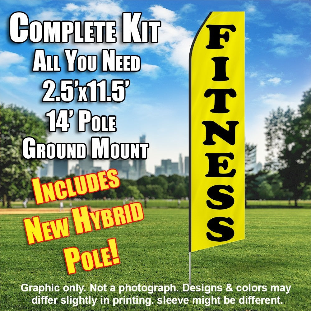 Fitness (Yellow And Black)  Windless Advertising Feather Flag Kit  (Flag, Pole, & Ground Spike) 14 Feet Outdoor Flags