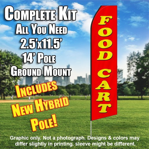 Food Cart (Red/Yellow Letters)  Windless Advertising Feather Flag Kit  (Flag, Pole, & Ground Spike) 14 Feet Outdoor Flags