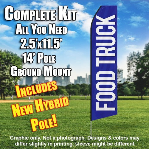 Food Truck (Blue/White Letters)  Windless Advertising Feather Flag Kit  (Flag, Pole, & Ground Spike) 14 Feet Outdoor Flags