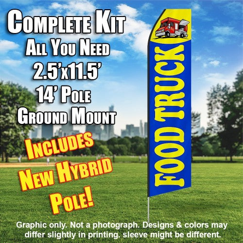 Food Truck (Blue And Yellow)  Windless Advertising Feather Flag Kit  (Flag, Pole, & Ground Spike) 14 Feet Outdoor Flags