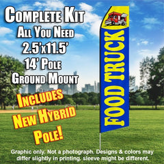 Food Truck (Blue And Yellow)  Windless Advertising Feather Flag Kit  (Flag, Pole, & Ground Spike) 14 Feet Outdoor Flags