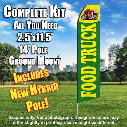 Food Truck (Green And Yellow)  Windless Advertising Feather Flag Kit  (Flag, Pole, & Ground Spike) 14 Feet Outdoor Flags