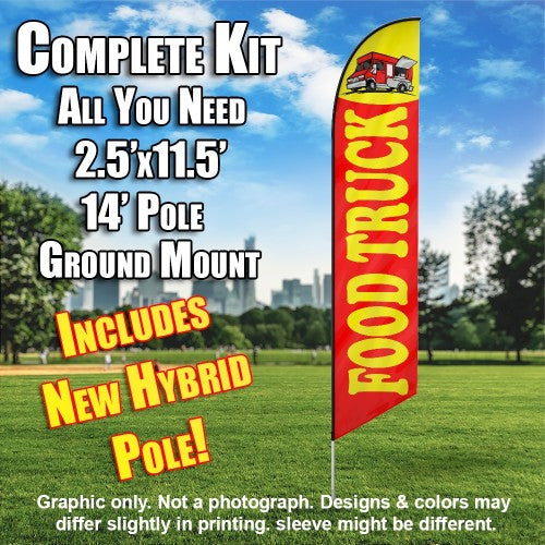 Food Truck Red Yellow  Windless Advertising Feather Flag Kit  (Flag, Pole, & Ground Spike) 14 Feet Outdoor Flags