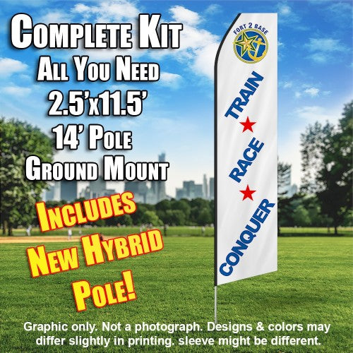 Fort 2 Race (White/Blue)  Windless Advertising Feather Flag Kit  (Flag, Pole, & Ground Spike) 14 Feet Outdoor Flags