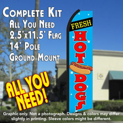 Fresh Hot Dogs (Blue/Red)  Windless Advertising Feather Flag Kit  (Flag, Pole, & Ground Spike) 14 Feet Outdoor Flags
