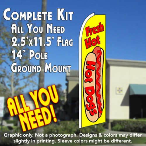 Fresh Hot Dogs (Yellow)  Windless Advertising Feather Flag Kit  (Flag, Pole, & Ground Spike) 14 Feet Outdoor Flags