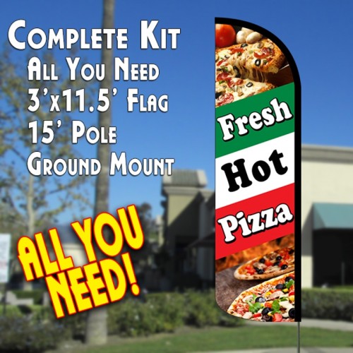 Fresh Hot Pizza (Tri-Color)  Windless Advertising Feather Flag Kit  (Flag, Pole, & Ground Spike) 14 Feet Outdoor Flags