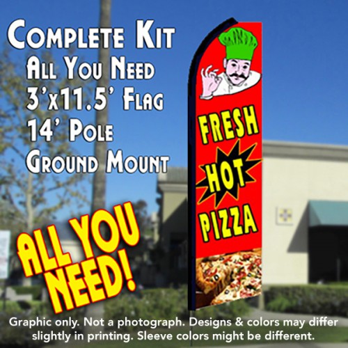 Fresh Hot Pizza (Red)  Windless Advertising Feather Flag Kit  (Flag, Pole, & Ground Spike) 14 Feet Outdoor Flags