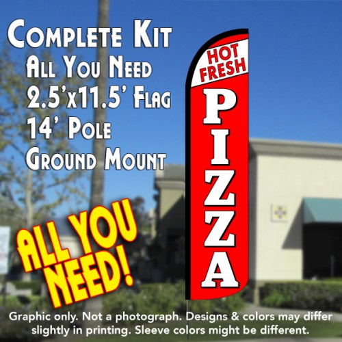 Fresh Hot Pizza (White/Red)  Windless Advertising Feather Flag Kit  (Flag, Pole, & Ground Spike) 14 Feet Outdoor Flags