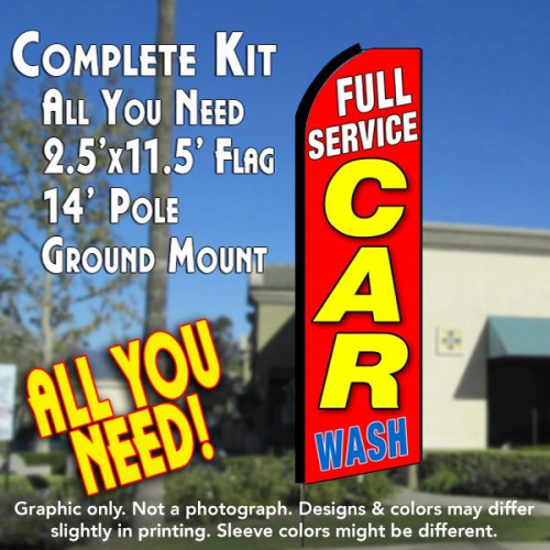 Full Service Car Wash (Red)  Windless Advertising Feather Flag Kit  (Flag, Pole, & Ground Spike) 14 Feet Outdoor Flags