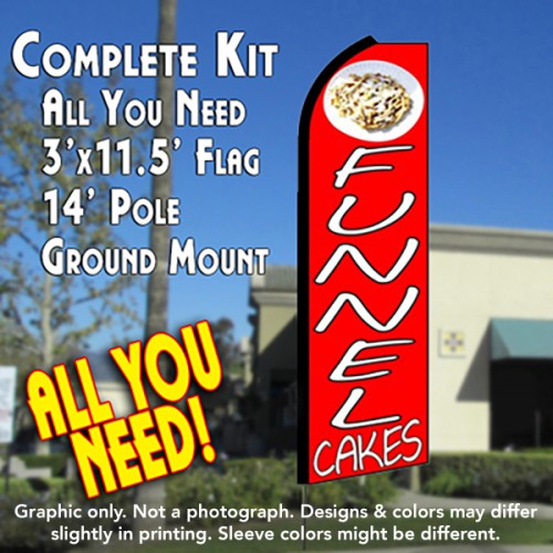 Funnel Cakes (Red)  Windless Advertising Feather Flag Kit  (Flag, Pole, & Ground Spike) 14 Feet Outdoor Flags