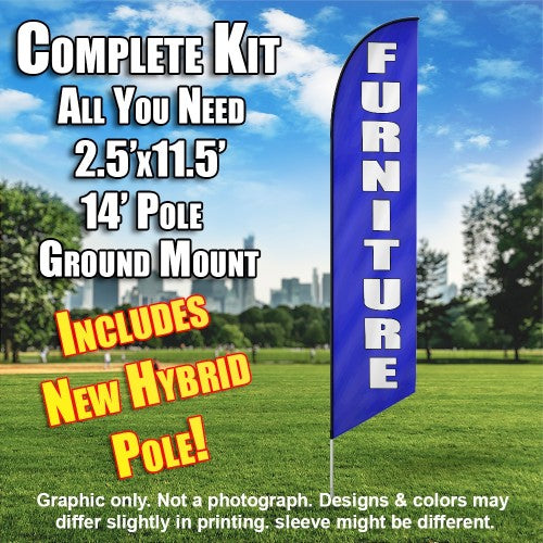 Furniture (Blue/White Letters)  Windless Advertising Feather Flag Kit  (Flag, Pole, & Ground Spike) 14 Feet Outdoor Flags
