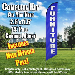 Furniture (Blue/White Letters)  Windless Advertising Feather Flag Kit  (Flag, Pole, & Ground Spike) 14 Feet Outdoor Flags