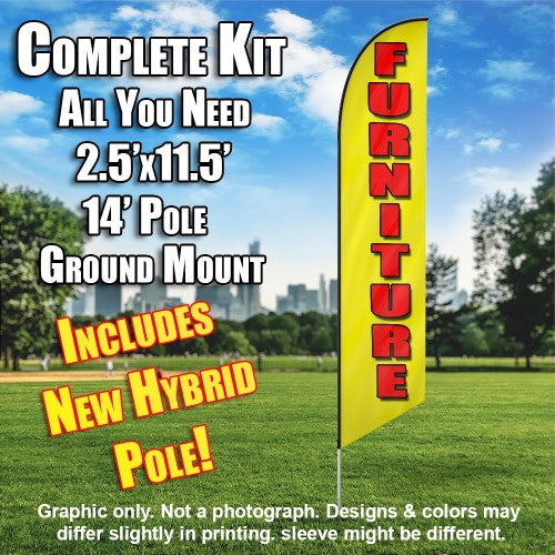 Furniture (Yellow/Red Letters)  Windless Advertising Feather Flag Kit  (Flag, Pole, & Ground Spike) 14 Feet Outdoor Flags