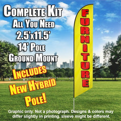 Furniture (Yellow/Red Letters)  Windless Advertising Feather Flag Kit  (Flag, Pole, & Ground Spike) 14 Feet Outdoor Flags