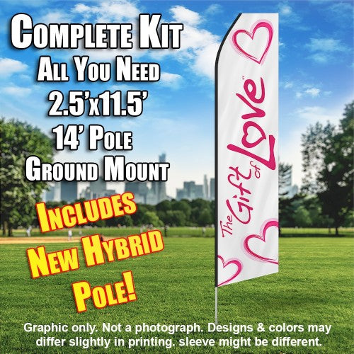 Gift Of Love (White/Pink Letters)  Windless Advertising Feather Flag Kit  (Flag, Pole, & Ground Spike) 14 Feet Outdoor Flags