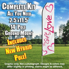 Gift Of Love (White/Pink Letters)  Windless Advertising Feather Flag Kit  (Flag, Pole, & Ground Spike) 14 Feet Outdoor Flags