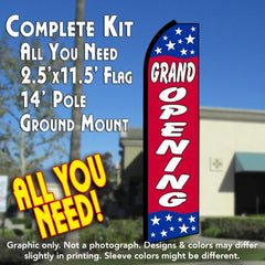 Grand Opening (Blue/Red/Stars)  Windless Advertising Feather Flag Kit  (Flag, Pole, & Ground Spike) 14 Feet Outdoor Flags