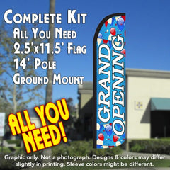 Grand Opening (Blue/White)  Windless Advertising Feather Flag Kit  (Flag, Pole, & Ground Spike) 14 Feet Outdoor Flags