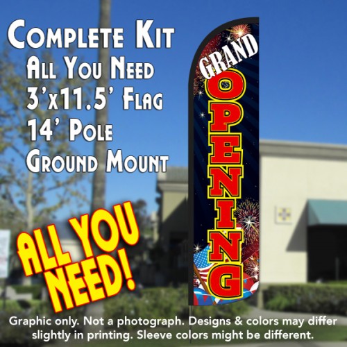 Grand Opening (Fireworks)  Windless Advertising Feather Flag Kit  (Flag, Pole, & Ground Spike) 14 Feet Outdoor Flags