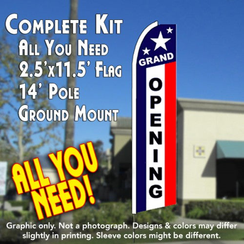 Grand Opening (Patriotic)  Windless Advertising Feather Flag Kit  (Flag, Pole, & Ground Spike) 14 Feet Outdoor Flags