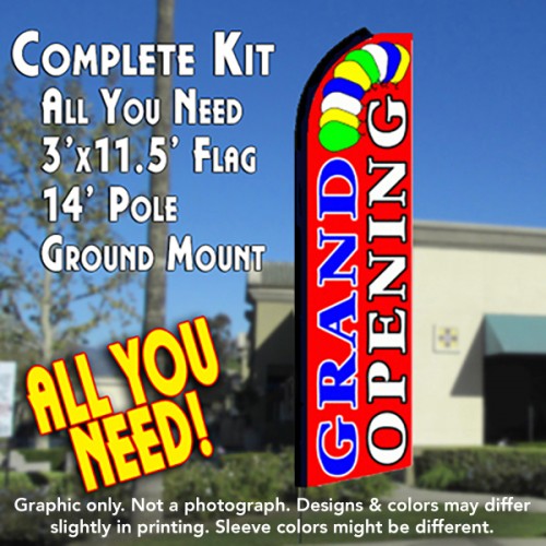 Grand Opening (Red)  Windless Advertising Feather Flag Kit  (Flag, Pole, & Ground Spike) 14 Feet Outdoor Flags