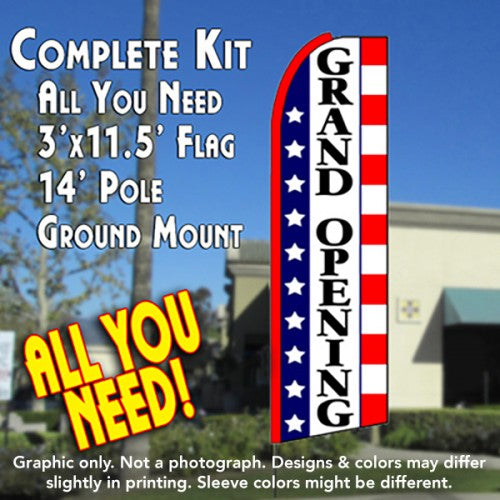 Grand Opening (Stars & Stripes)  Windless Advertising Feather Flag Kit  (Flag, Pole, & Ground Spike) 14 Feet Outdoor Flags