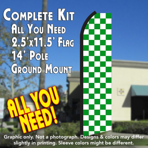 Checkered Green/White  Windless Advertising Feather Flag Kit  (Flag, Pole, & Ground Spike) 14 Feet Outdoor Flags