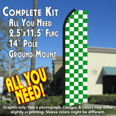 Checkered Green/White  Windless Advertising Feather Flag Kit  (Flag, Pole, & Ground Spike) 14 Feet Outdoor Flags