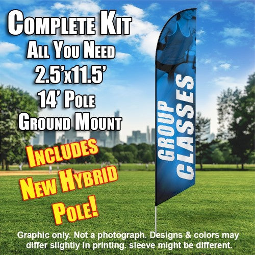 Group Classes Women Fitness (Blue/White)  Windless Advertising Feather Flag Kit  (Flag, Pole, & Ground Spike) 14 Feet Outdoor Flags