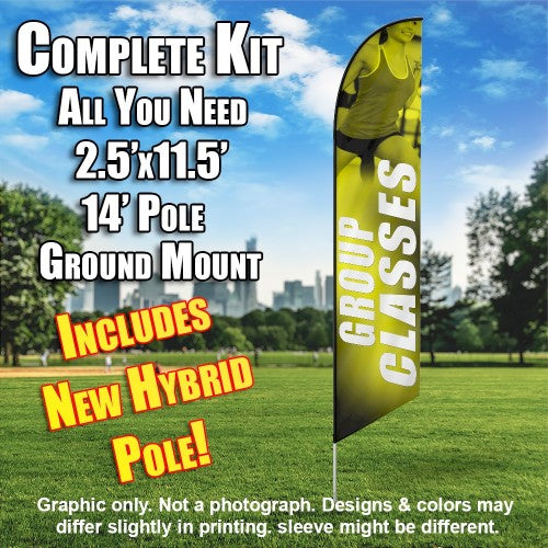 Group Classes Women Fitness (Yellow/White)  Windless Advertising Feather Flag Kit  (Flag, Pole, & Ground Spike) 14 Feet Outdoor Flags