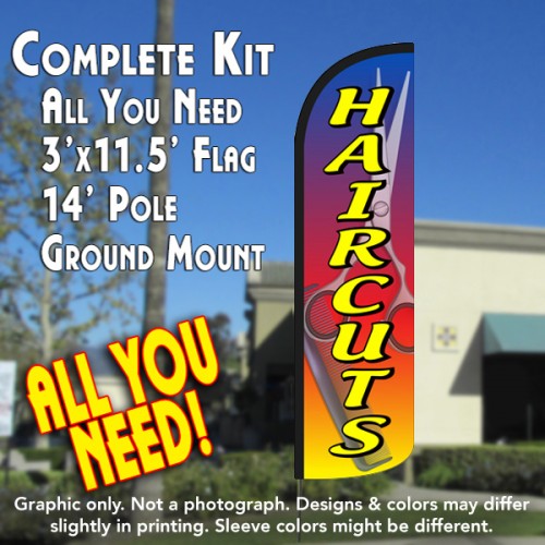 Haircuts  Windless Advertising Feather Flag Kit  (Flag, Pole, & Ground Spike) 14 Feet Outdoor Flags