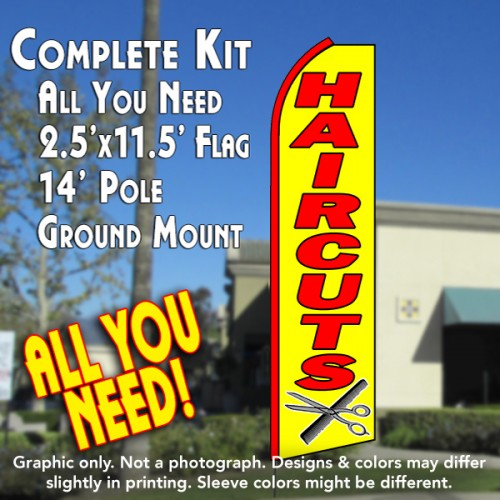 Haircuts (Yellow/Red)  Windless Advertising Feather Flag Kit  (Flag, Pole, & Ground Spike) 14 Feet Outdoor Flags