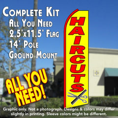 Haircuts (Yellow/Red)  Windless Advertising Feather Flag Kit  (Flag, Pole, & Ground Spike) 14 Feet Outdoor Flags