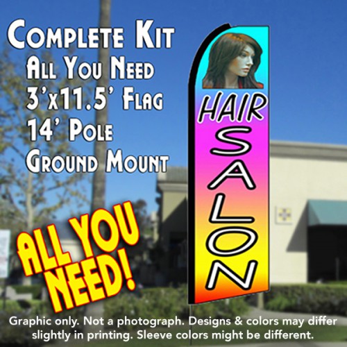 Hair Salon (Multi-Colored)  Windless Advertising Feather Flag Kit  (Flag, Pole, & Ground Spike) 14 Feet Outdoor Flags