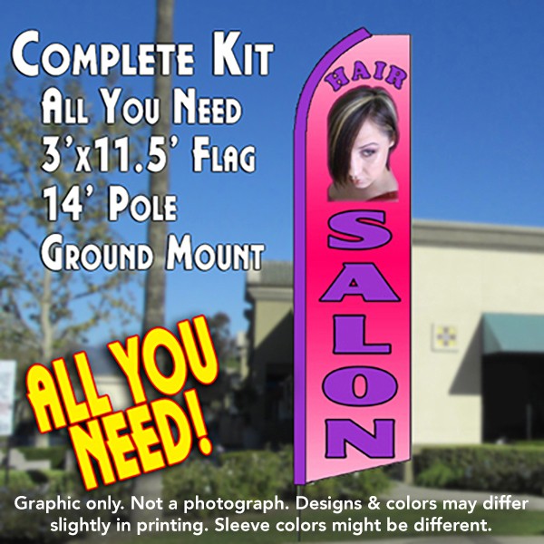 Hair Salon (Pink)  Windless Advertising Feather Flag Kit  (Flag, Pole, & Ground Spike) 14 Feet Outdoor Flags